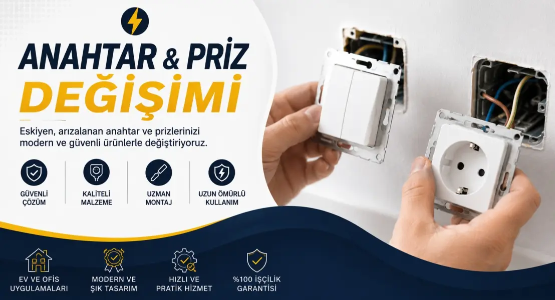 Eskimiş, gevşek veya estetik görünümünü yitirmiş tüm anahtar ve prizlerinizi, güvenli ve modern modelleriyle kısa sürede yeniliyorum.