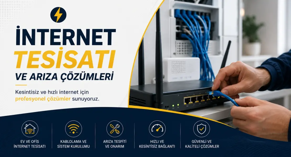 Kapı girişindeki fiber modemlerden kaynaklı Wi-Fi çekim sorunlarını kökten çözüyorum. Modem yanına gerekli priz tesisatını kuruyor, uzak odalara network kablosu çekiyor ve sinyal dağıtıcı (router) montajıyla evinizin her köşesine kesintisiz internet ulaştırıyorum.
